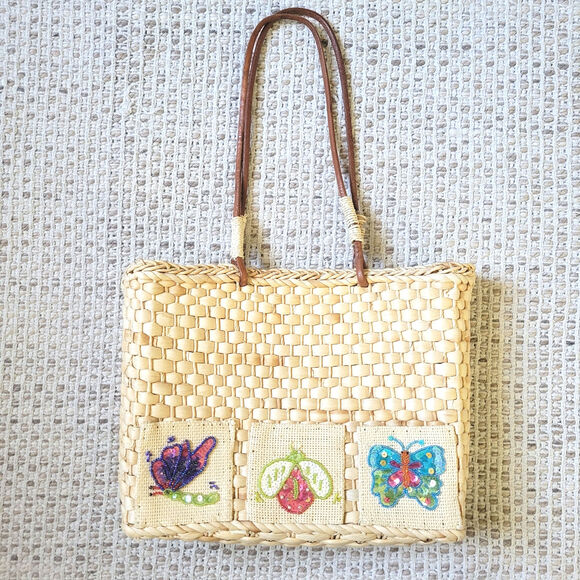 Vintage Handbags - Vintage Y2K Straw Handbag Beaded Bugs Butterfly Boho Cottage Beachy Purse